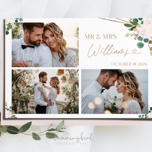 Modèle élégant de photomaton floral avec roses blanches, verdure pour la conception de cartes postales 4 x 6, modèle de photomaton de mariage classique avec lignes dorées
