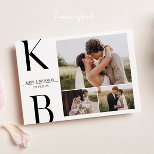 Plantilla clásica de fotomatón de boda en blanco y negro, iniciales minimalistas en blanco y negro, plantilla de fotomatón 4x6 para boda Hollywood Glam Booth