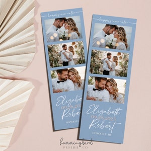 May include: A blue and white photo booth strip with four photos of a couple. The text "happily-ever-after" is at the top of the strip. The text "Elizabeth Robert 09.28.2025 HONOLULU, HI" is at the bottom of the strip.