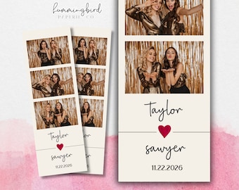 Minimalist Black and White Neutral Wedding Photobooth Template with Watercolor Red Love Heart, Custom 2x6 Photo Strip Design for Engagement