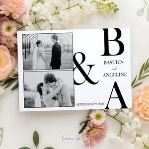Plantilla moderna clásica de fotomatón de boda en blanco y negro con iniciales en blanco y negro, plantilla minimalista de 4x6 para el glamour de Hollywood.