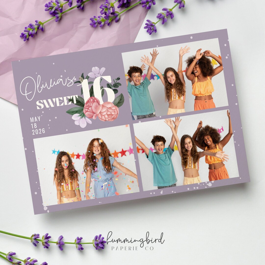 Floral Sweet 16 Photo Booth Template, Lavender and Blush Pink Flowers