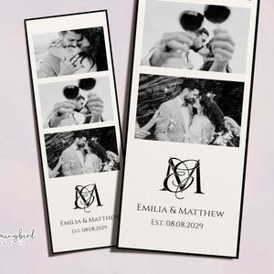 May include: Two vertical photo strips featuring black and white images of a couple. Each strip displays three candid photos of the pair, followed by a black monogram of the letters E and M, the names Emilia & Matthew, and the date Est. 08.08.2029.