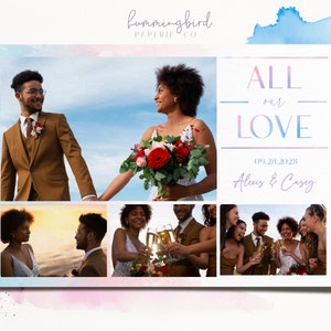 May include: A wedding invitation with a collage of photos. The top photo shows the bride and groom walking towards each other. The middle photo shows the bride and groom looking at each other. The bottom photo shows the wedding party celebrating. The text on the invitation reads "All our love" with the date "09.28.2023" and the names "Alexis & Casey".