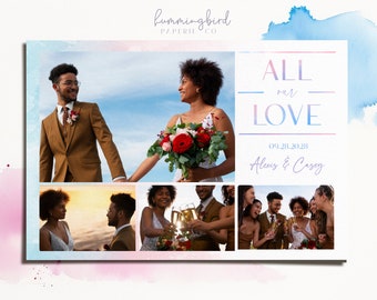May include: A wedding invitation with a collage of photos. The top photo shows the bride and groom walking towards each other. The middle photo shows the bride and groom looking at each other. The bottom photo shows the wedding party celebrating. The text on the invitation reads "All our love" with the date "09.28.2023" and the names "Alexis & Casey".