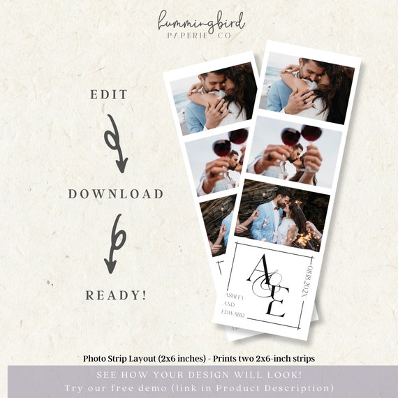 Elegant Wedding Photobooth Template, Minimalist B&W, Wedding Monogram, 2x6 Photo Strip Template for Wedding, Bridal, Custom Instant Download
