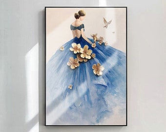 Pittura astratta della ballerina, pittura della donna in abito blu, arte della parete su tela blu, pittura a olio blu su tela