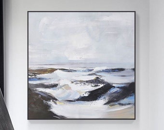 Grandes vagues de l'océan, tableau abstrait noir et blanc sur l'océan, tableau sur toile océan, art mural abstrait