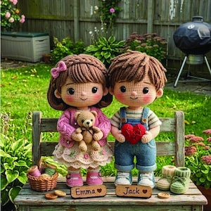 Könnte beinhalten: Zwei gehäkelte Puppen, ein Mädchen und ein Junge, stehen auf einer Holzbank. Die Mädchenpuppe trägt ein rosa Outfit und hält einen Teddybären. Die Jungenpuppe trägt blaue Latzhosen und hält ein rotes Herz. Auf der Bank stehen die Namen "Emma" und "Jack".