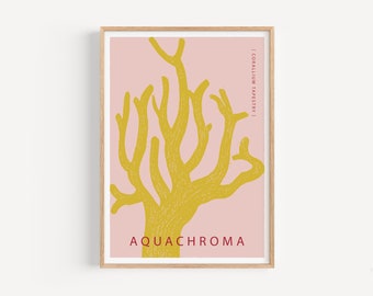 Corallium Tapestry - Levendige onderwaterwereld met gele koraalboom op lichtrode achtergrond