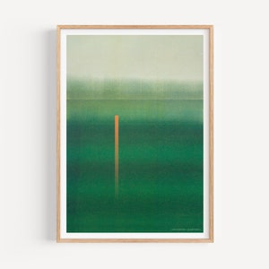 Peut inclure: Une peinture numérique d'un paysage vert avec une seule ligne verticale orange au centre. Le haut de l'image est gris clair, se fondant en un vert plus foncé en bas.