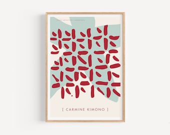 Carmine Kimono - Minimalistisch Japans geïnspireerd patroon in opvallend rood op blauw