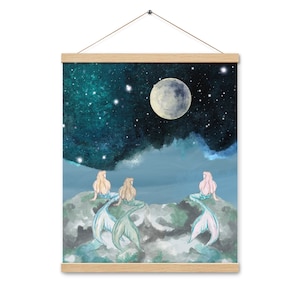 Mermaid Best Friends Celestial Moon Stars Ocean Poster with Magnetic Hangers, Mermaidcore Fantasy artwork illustration watercolor print gift
