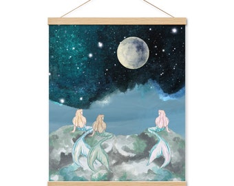 Mermaid Best Friends Celestial Moon Stars Ocean Poster with Magnetic Hangers, Mermaidcore Fantasy artwork illustration watercolor print gift