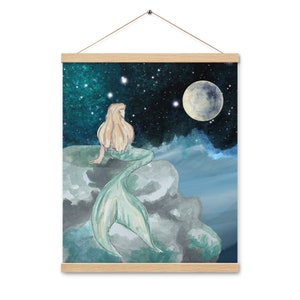 Mermaid Moonrise Celestial Poster With Magnetic Hangers, Moon and Stars Fantasy Mermaid Watercolor Illustration Artwork Print