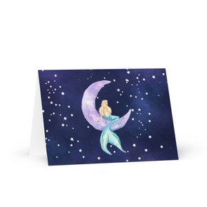 Crescent Moon Mermaid Celestial Blanko Grußkarte mit Umschlag, 10 x 15 cm Mond und Sterne Meerjungfrau, Karte für Teenager