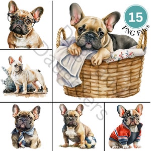 Clipart de buldogue francês, PNG de cachorro, PNG de buldogue francês, imagens de cachorro, clipart de cachorro fofo, aquarela de cachorro, buldogue francês PNG, licença comercial