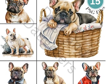Puede incluir: Una colección de 15 imágenes digitales con adorables cachorros de Bulldog Francés en varias poses. Los cachorros están representados en estilo acuarela, algunos con ropa y accesorios. Las imágenes son perfectas para proyectos de manualidades, scrapbooking o diseño digital.