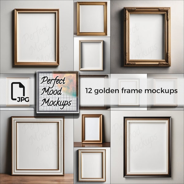 Poster Frame Mockups for Your Printable Art, 12 Gold Frames in Simple Modern Decor