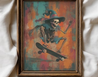 Witch Skeleton Skateboard Art Print, Spooky Halloween Decor, Cool Witch Skeleton Digital Printable for Spooky Season, Funny Halloween Art