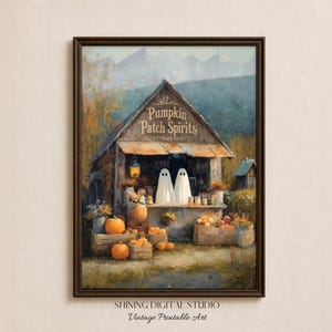 Vintage Pumpkin Patch Ghosts Print, Cozy Halloween Farm Stand Art (Digital Download)