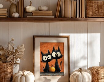 Vintage Halloween Black Cat Print, Spooky Kawaii Pumpkin Decor (Digital Download)