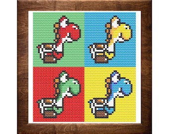 May include: A pixel art cross-stitch design featuring four Yoshi characters in different colors: red, yellow, green, and blue. Each Yoshi is holding a treasure chest and is set against a different colored background.