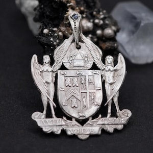May include: A silver pendant featuring a detailed coat of arms design. Two winged figures flank a shield with intricate symbols. The pendant has a loop at the top and the words "AMIDE VIDE TACE" are inscribed at the bottom.