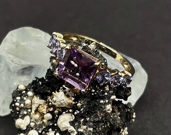 Amethyst and Tanzanite Ring in 9ct solid Gold Purple Gemstone Cocktail Ring