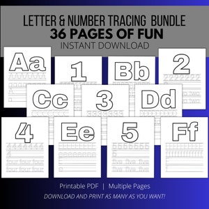 Letter & Number Tracing Printable Packet Bundle. Digital Download PDF Letter Tracing Workbook Page Bundle