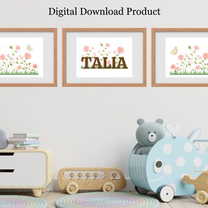 Children&#39;s Custom Pink Flower Themed Name Sign Set, Custom Name Sign for Children&#39;s Room, Custom Digital Download.