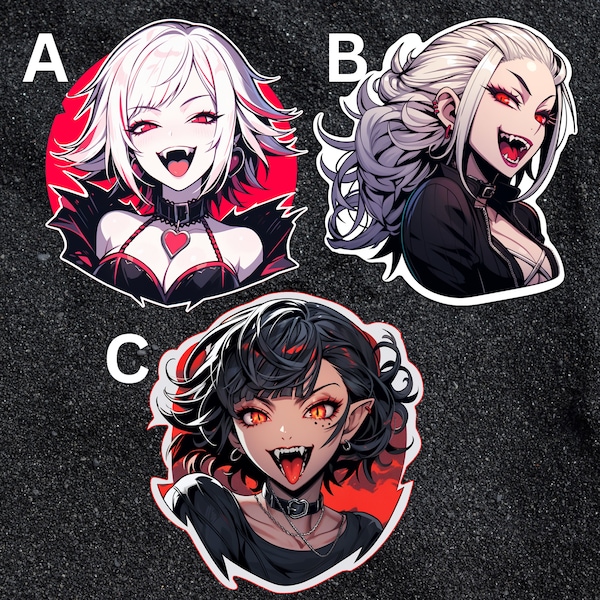 Alluring Vampire Waifu Vinyl Sticker 3 Pack | Water Resistant, Tear Resistant Fantasy Aesthetic Sticker Pack