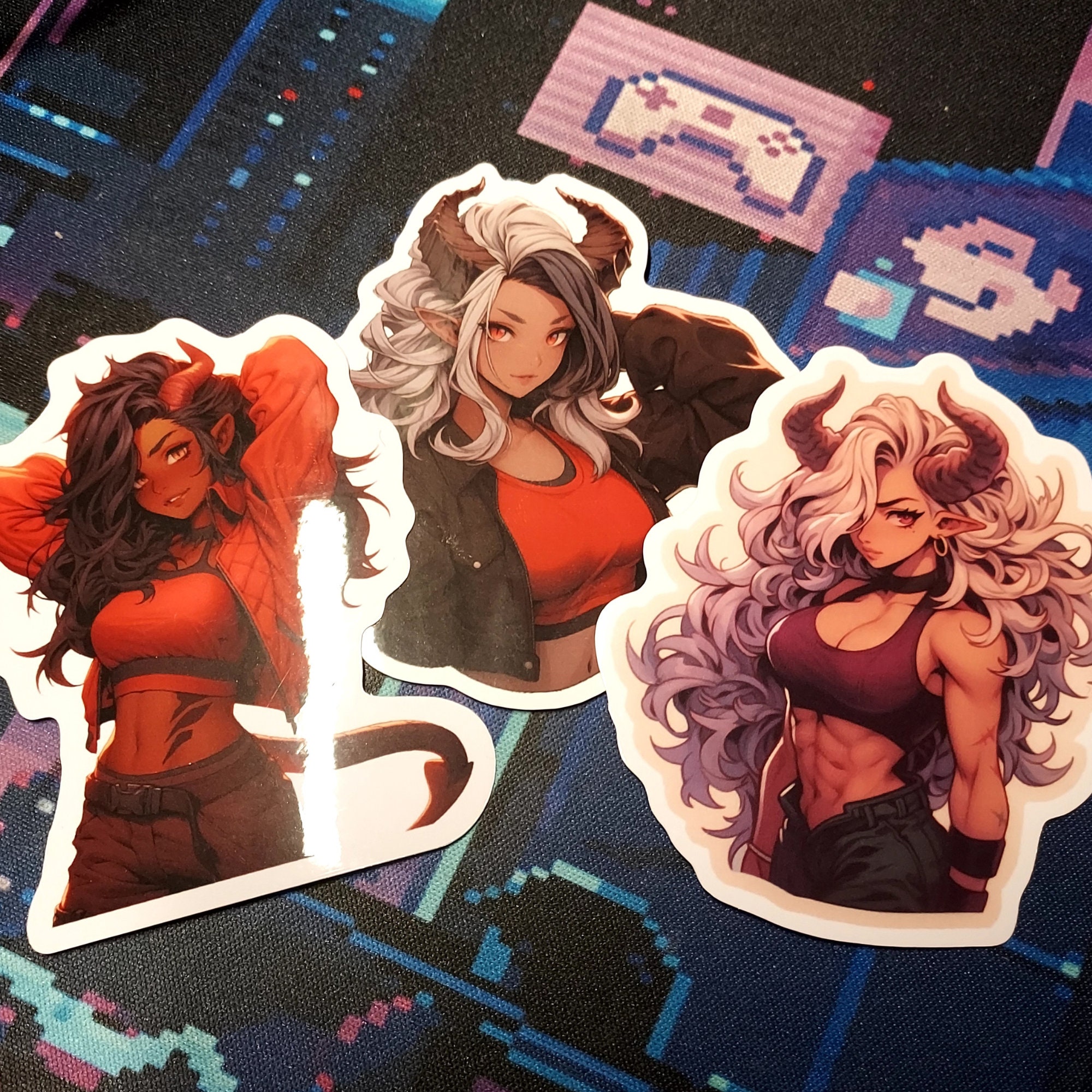 Beautiful & Strong Tiefling Waifu Vinyl Sticker Pack, Fantasy Art Aesthetic Premium Water Resistant Die-cut Stickers