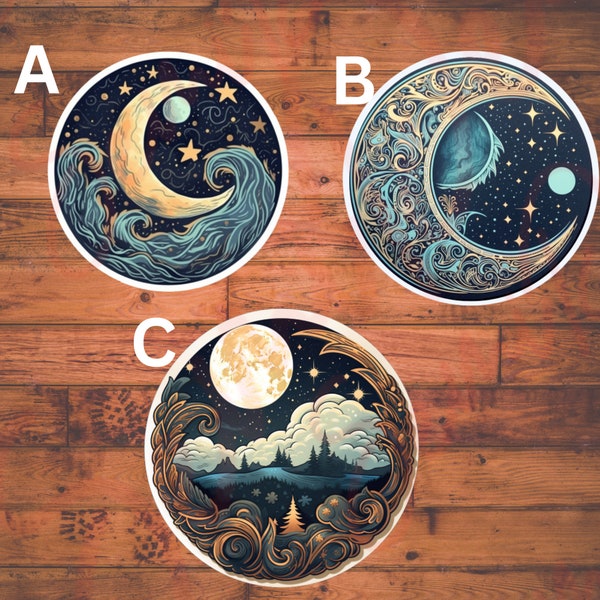 Moon Motif Vinyl Sticker 3 Pack | Water Resistant, Tear Resistant Aesthetic Sticker Pack