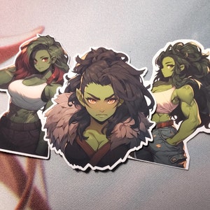 Strong Modern Half-Orc Waifu Vinyl Sticker Pack | Water Resistant Fantasy Character Aesthetic Stickers
