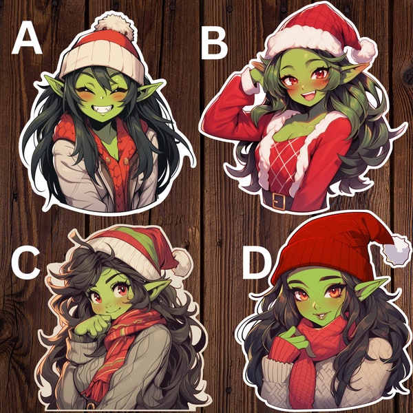 Holiday Goblin Girls Vinyl Sticker 4 Pack | Water Resistant, Cute Christmas Aesthetic Waifu Stickers