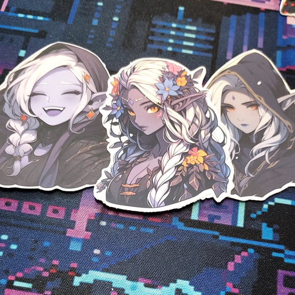 Mysterious Dark Elves Vinyl Sticker 3 Pack | Water Resistant, Tear Resistant Fantasy Aesthetic Waifu Stickers