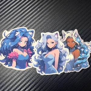 Confezione di adesivi in vinile con bellissime ragazze gatto blu / Adesivi per ragazze mostro Neko Waifu estetiche anime resistenti all'acqua
