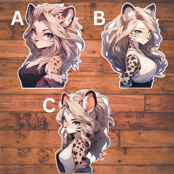 Beautiful Cheetah Anthro Waifu Vinyl Sticker Pack | Water Resistant Pretty Anime Furry Aesthetic Stickers