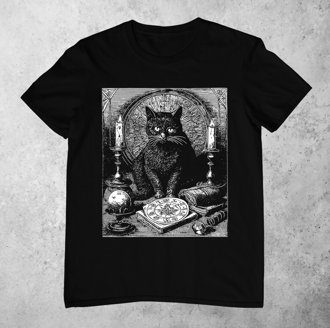 Gothic Black Cat Tshirt, Vintage Dark Academia Tee, Cottagecore