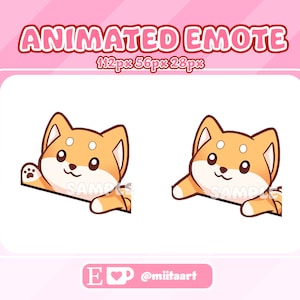 Könnte beinhalten: Animiertes Emoji eines braunen und weißen Shiba Inu Hundes mit großen Augen und einem Lächeln. Der Hund schaut über eine weiße Oberfläche mit seiner Pfote erhoben. Das Emoji ist 112px breit, 56px hoch und 28px tief.