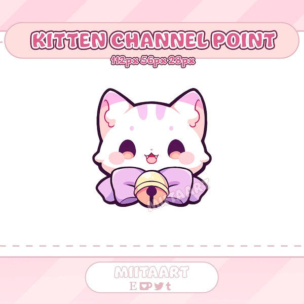 Icône de point de chaîne Chaton pour Twitch | Chat pastel mignon avec ruban et cloche | Émoticônes Twitch | Discorde