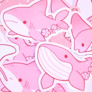 Sakura Ozeantiere Aufkleber Set | Pink Hai, Wal & Manta | Sea Creatures Aufkleber | Glänzende und holografische Vinyl-Aufkleber