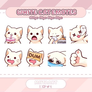 Gestos de gato blanco para Twitch, Discord y Youtube / Paquete de gestos de gato lindo / Streaming / Pegatinas de discordia