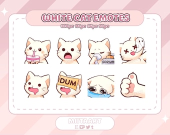 Emotes chat blanc pour Twitch, Discord et Youtube | Pack d'émoticônes chat mignon | Diffusion en continu | Stickers Discord