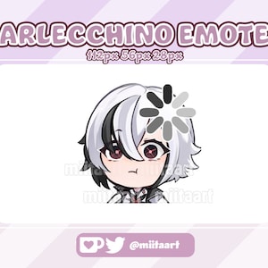 Może przedstawiać: Cyfrowa ilustracja postaci z białymi włosami i czerwonymi oczami. Postać ma na sobie biało-czarną odzież. Postać patrzy w prawo i ma nad głową ikonę ładowania. Tekst "ARLECCHINO EMOTE 112px 56px 28px" znajduje się nad postacią.