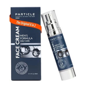 May include: A navy blue box and bottle of Particle Men's Formula Face Cream. The box has the text "Particle Aesthetic Science for Men" and "The Original 6 in 1". The bottle is silver and clear with the same text. The product contains 1.7 fl oz / 50ml.