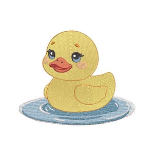 May include: A yellow rubber duck with blue eyes and a red beak is floating in a blue pool of water.