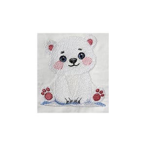 May include: Embroidered design of a white polar bear with pink cheeks and red paw prints sitting on a blue ice floe.