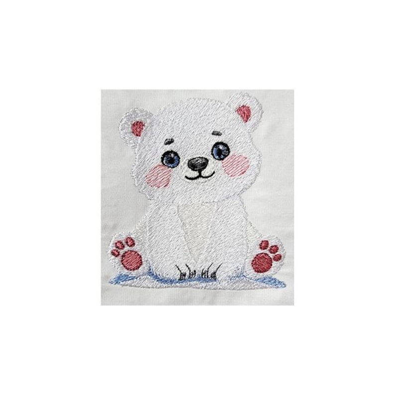 May include: Embroidered design of a white polar bear with pink cheeks and red paw prints sitting on a blue ice floe.